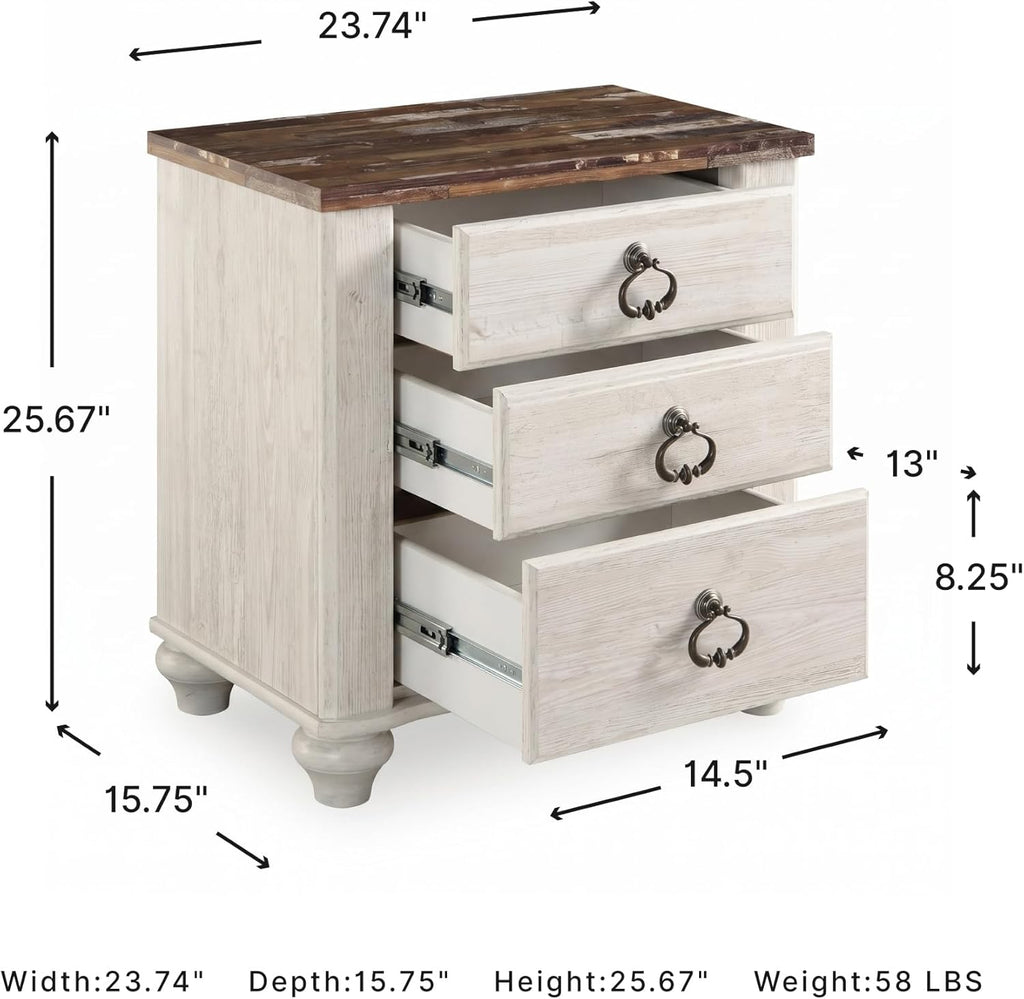Signature Design by Ashley Willowton Farmhouse 2 Drawer Nightstand with USB Charging Ports, 25.67" Tall, Whitewash