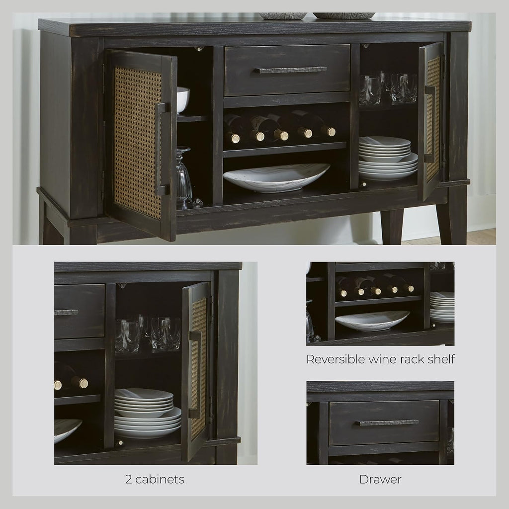 Signature Design by Ashley Galliden Urban 2-Door Dining Server with Reversible Wine Rack Shelf, Adjustable Shelves and Felt-Lined Drawer, Black & Light Brown