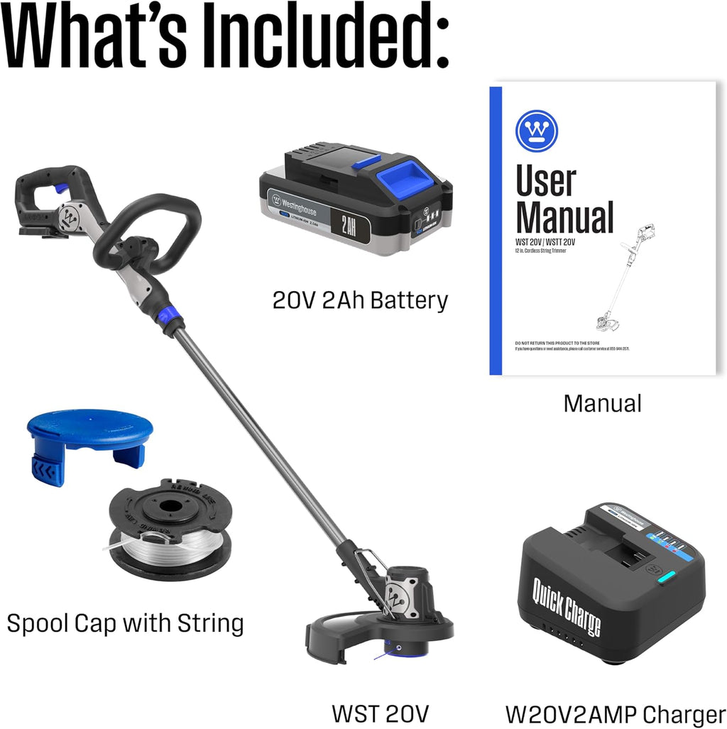 Westinghouse 20V 2-in-1 Cordless String Trimmer and Edger, 12 Inch Cutting Path with 2.0Ah Battery and Charger