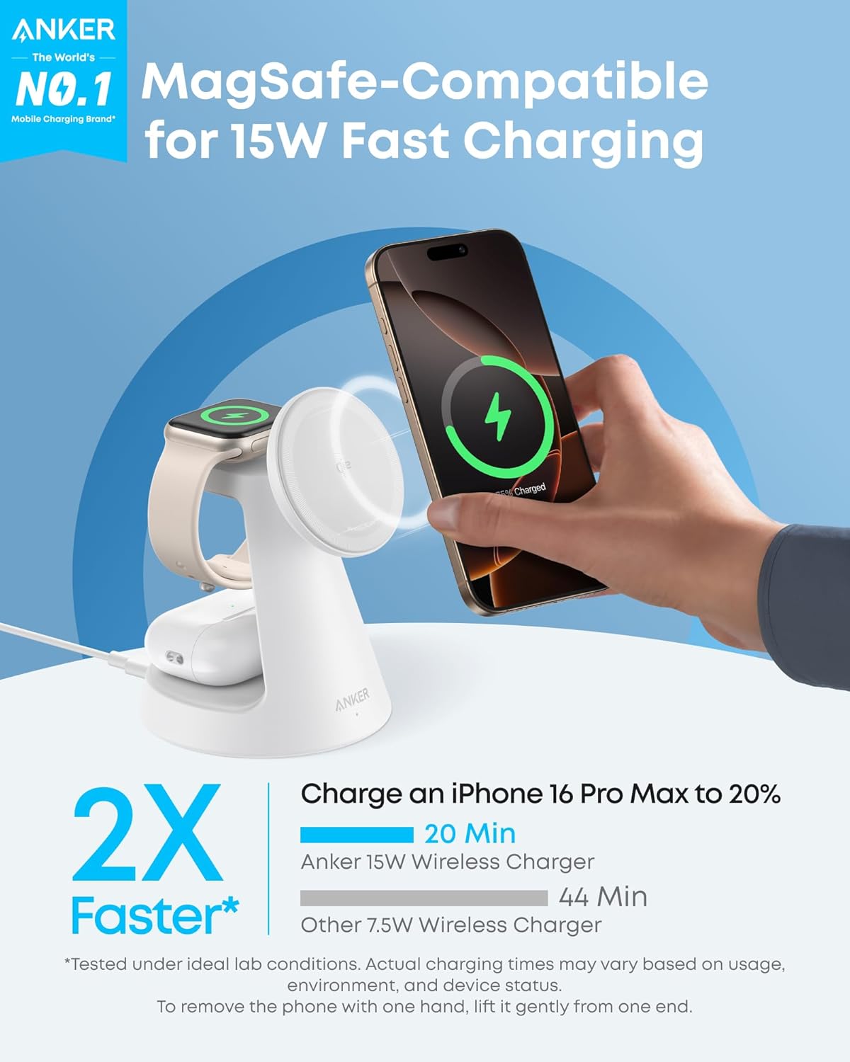 Anker MagSafe Charger Compatible, MagGo 3-in-1 Charging Station, Nano Charging Stand, Qi2 Certified 15W Magnetic Wireless Charger Dock, for iPhone 17/16/15/14, Apple Watch, AirPods (Adapter Included)