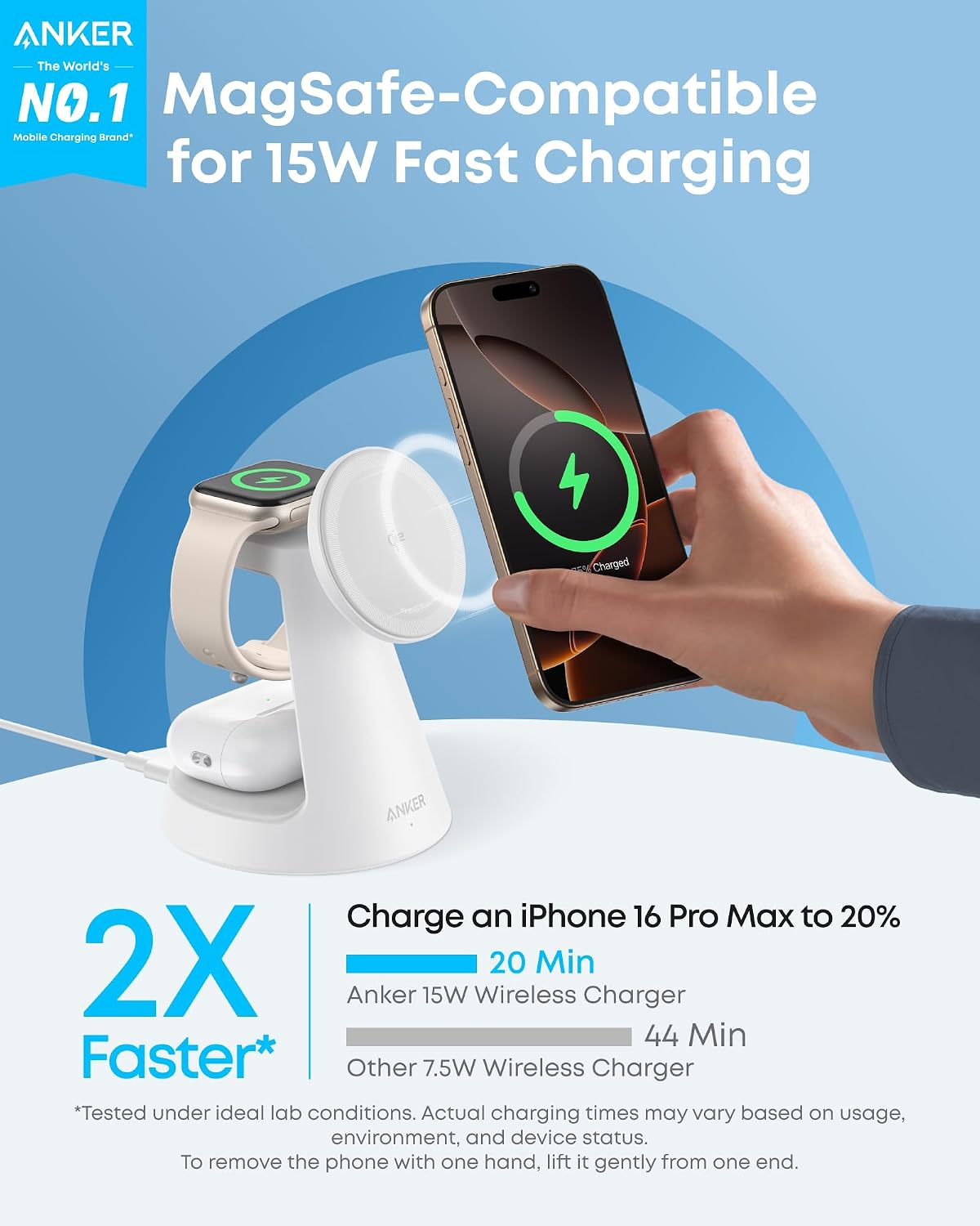 Anker MagSafe Charger Compatible, MagGo 3-in-1 Charging Station, Nano Charging Stand, Qi2 Certified 15W Magnetic Wireless Charger Dock, for iPhone 17/16/15/14, Apple Watch, AirPods (Adapter Included)