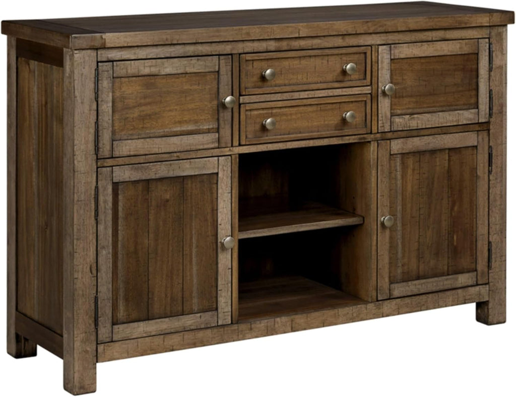 Signature Design by Ashley Moriville Vintage Casual Dining Room Buffet or Server with 4 Cabinets & Center Display Shelf, 2 Drawers, Wood, 56" Wide, Brown