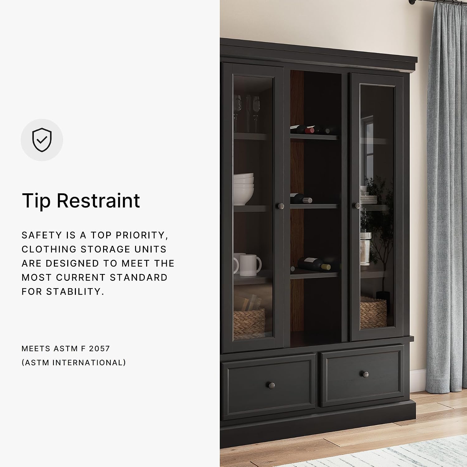 Signature Design by Ashley Chadworth Classic Curio with Anti-Tipping and Removable Shelf, Black
