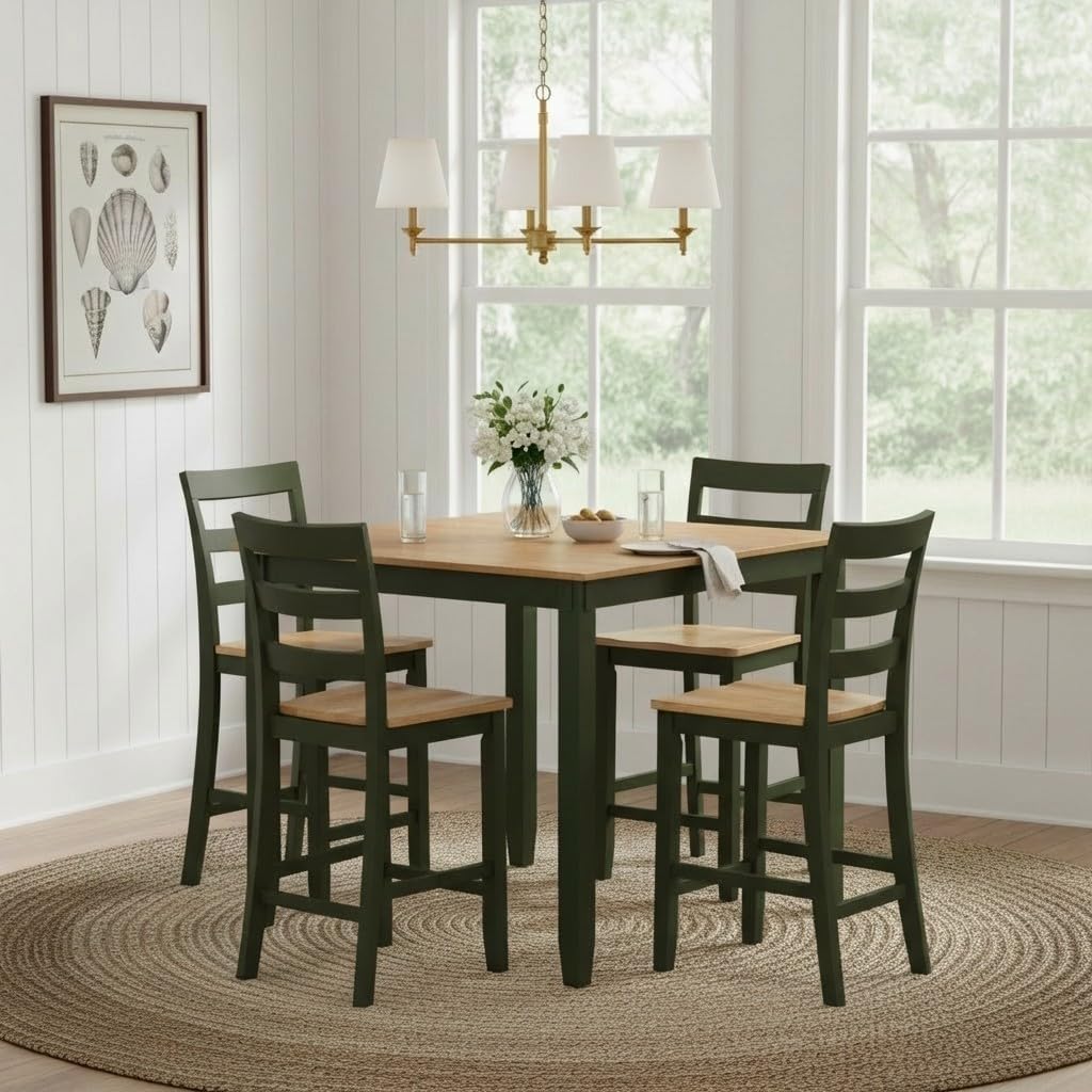 Signature Design by Ashley Gesthaven Counter Height Dining Set, 5-Piece Bar Table and Chairs Set with Butcher Block Top, Casual Green and Light Natural Mango Wood