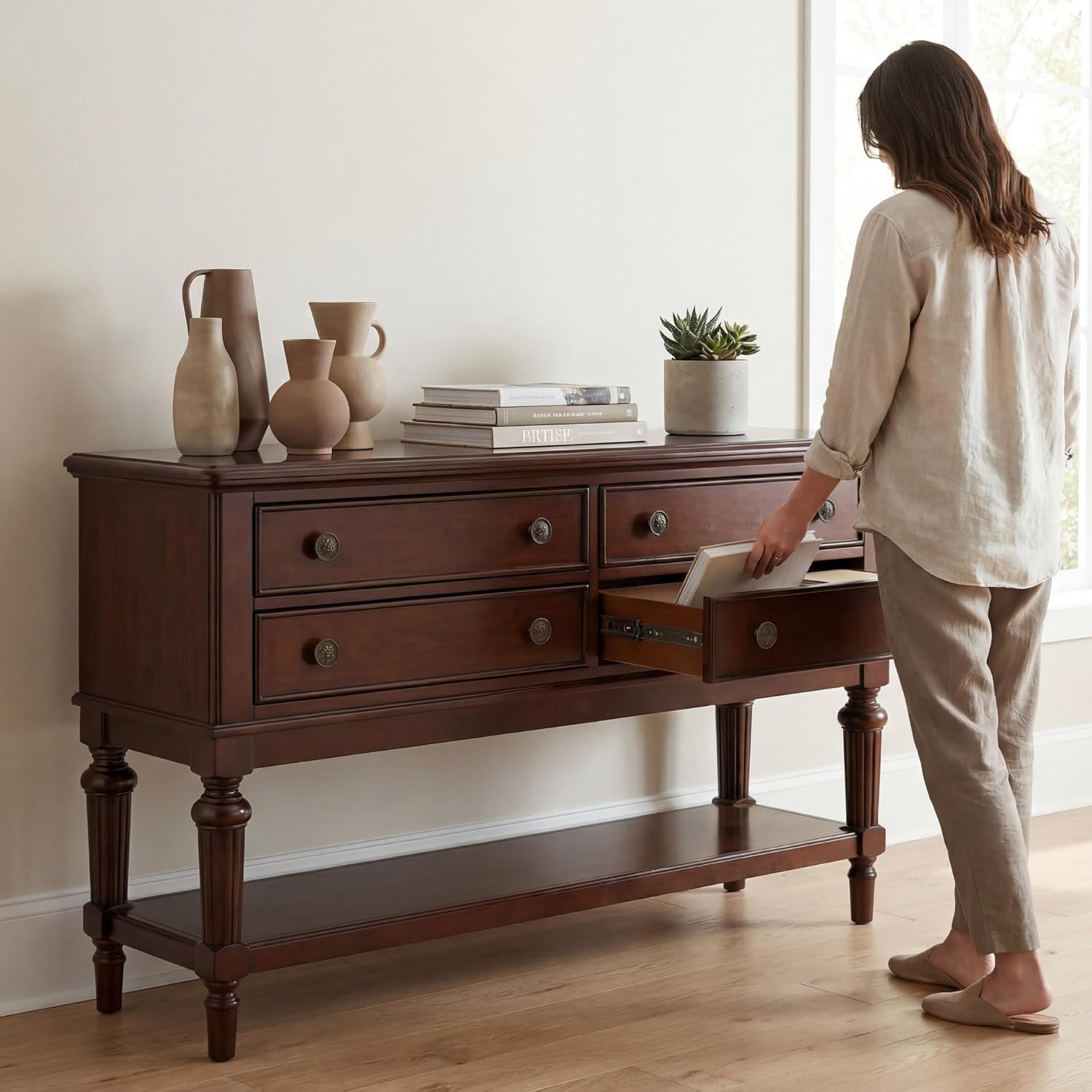 Signature Design by Ashley Lavinton Classic 4-Drawer Dining Server with Open Shelf, Dark Brown