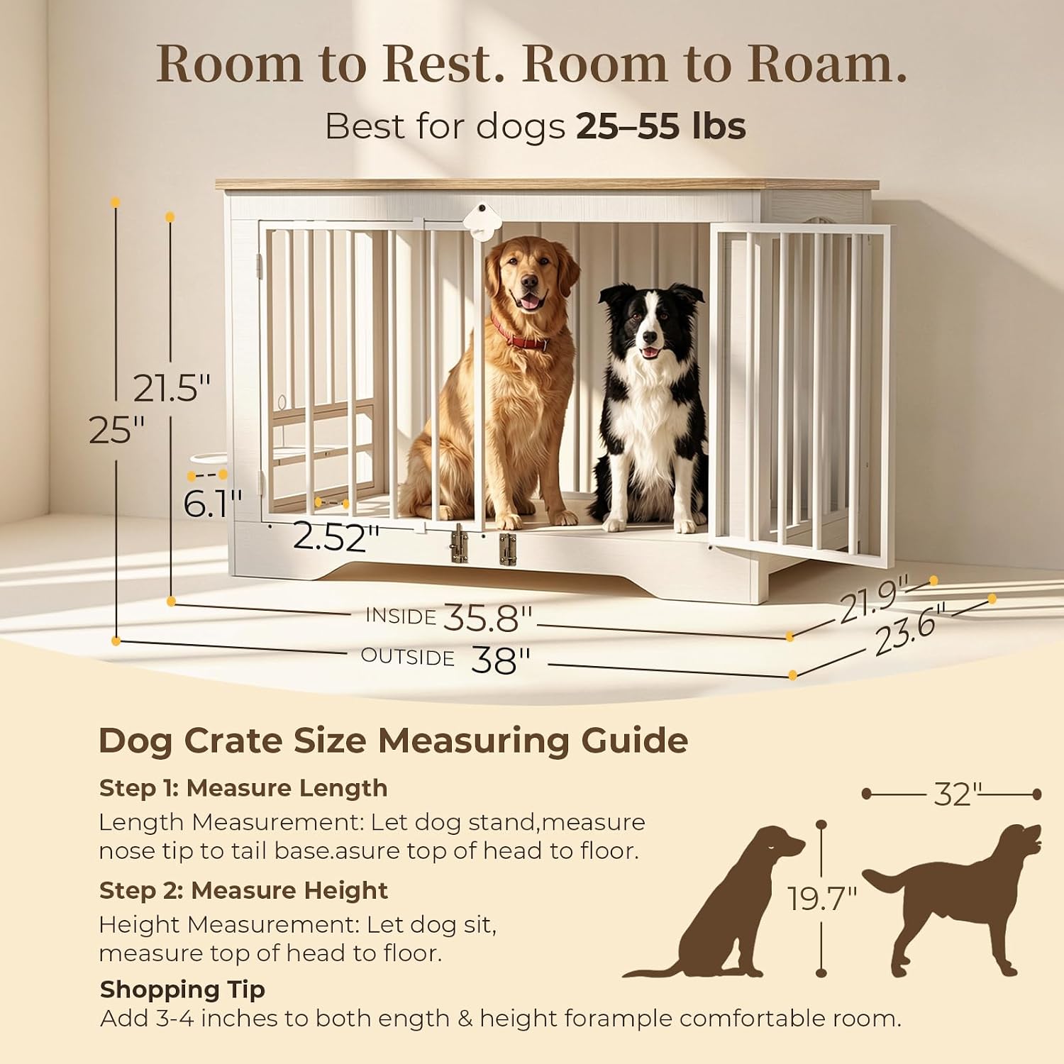 Dog Crate Furniture 38in, Wooden Indoor Pet Kennel End Table with 360 Degree Rotating Feeder Door, Secure Double Latches and Solid Base for Medium Dogs, Natural and White