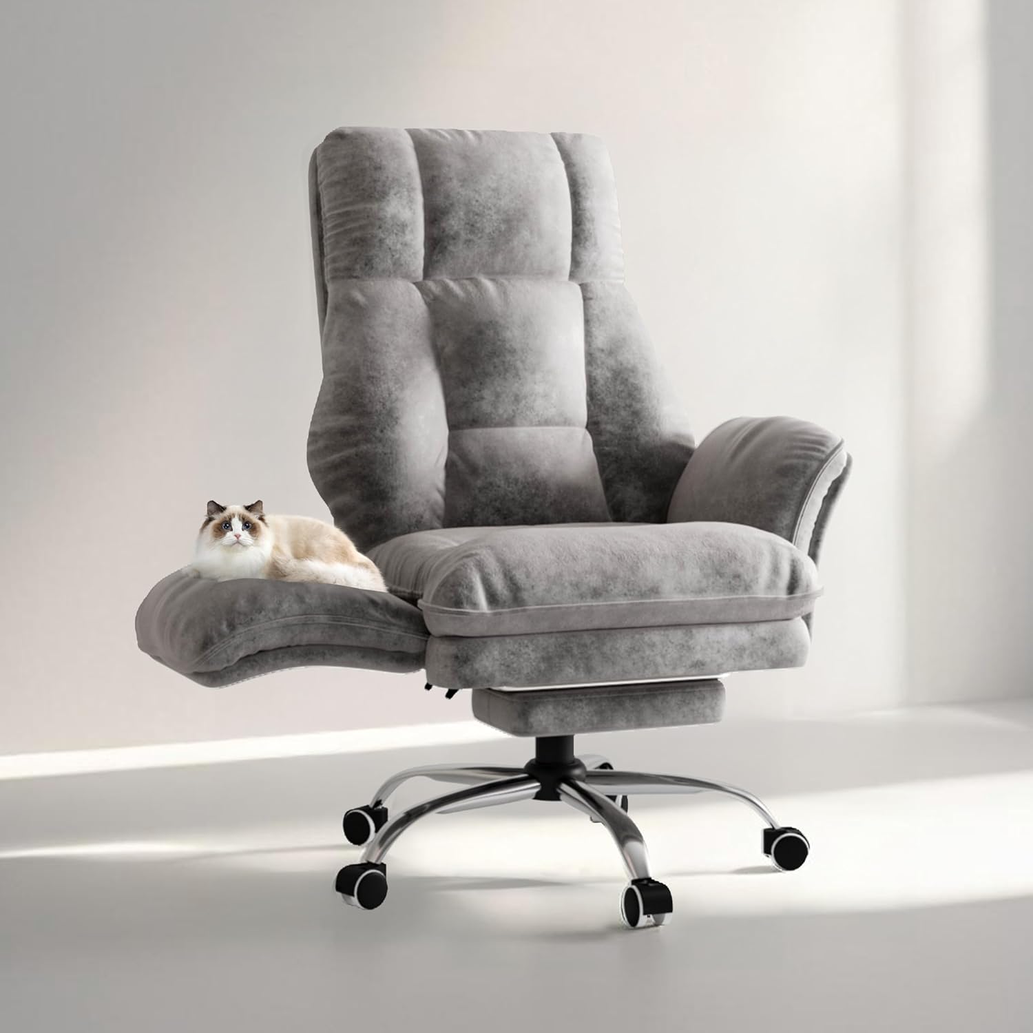 Big and Tall Office Chair, Flip Armrests for Pets & Cross Legged Sitting, Executive Ergonomic Computer Gaming Chair with Foot Rest, Teddy Fleece Wide Seat Reclining Desk Chair, White Vanity Chair