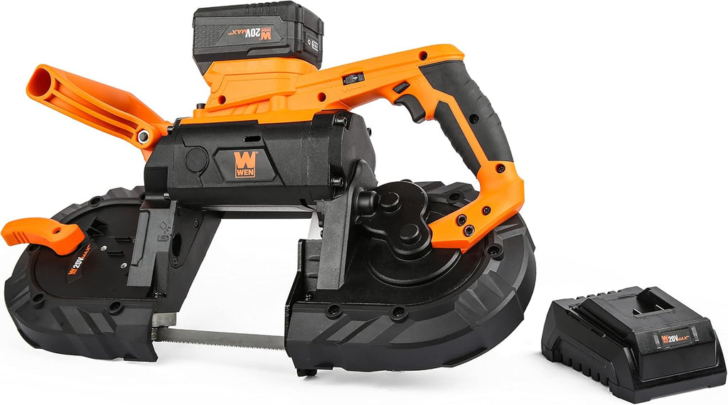 WEN Cordless Portable Bandsaw for Metal with Variable Speed, 20V Max 5.0 Ah Lithium-Ion Battery, and Charger (20496)
