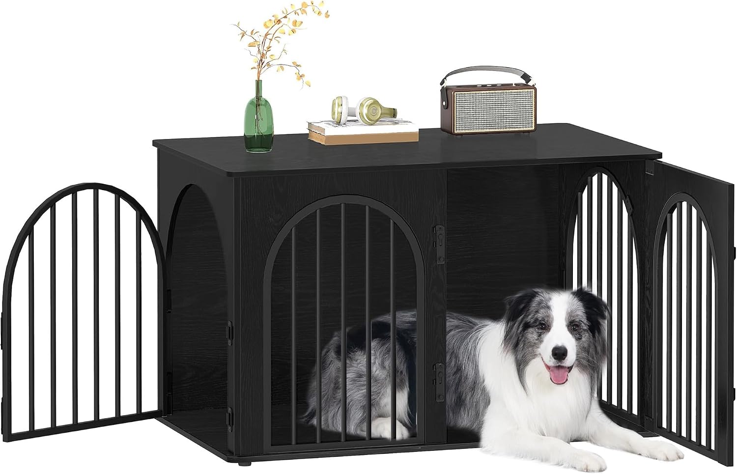 Hzuaneri 31.5'' Wooden Dog Crate Furniture, Indoor Dog Kennel Dogs Cage for Small/Medium Dogs, Heavy Duty Dog Crates Decorative Pet House End Side Table TV Stand, White Brown DFC85114B