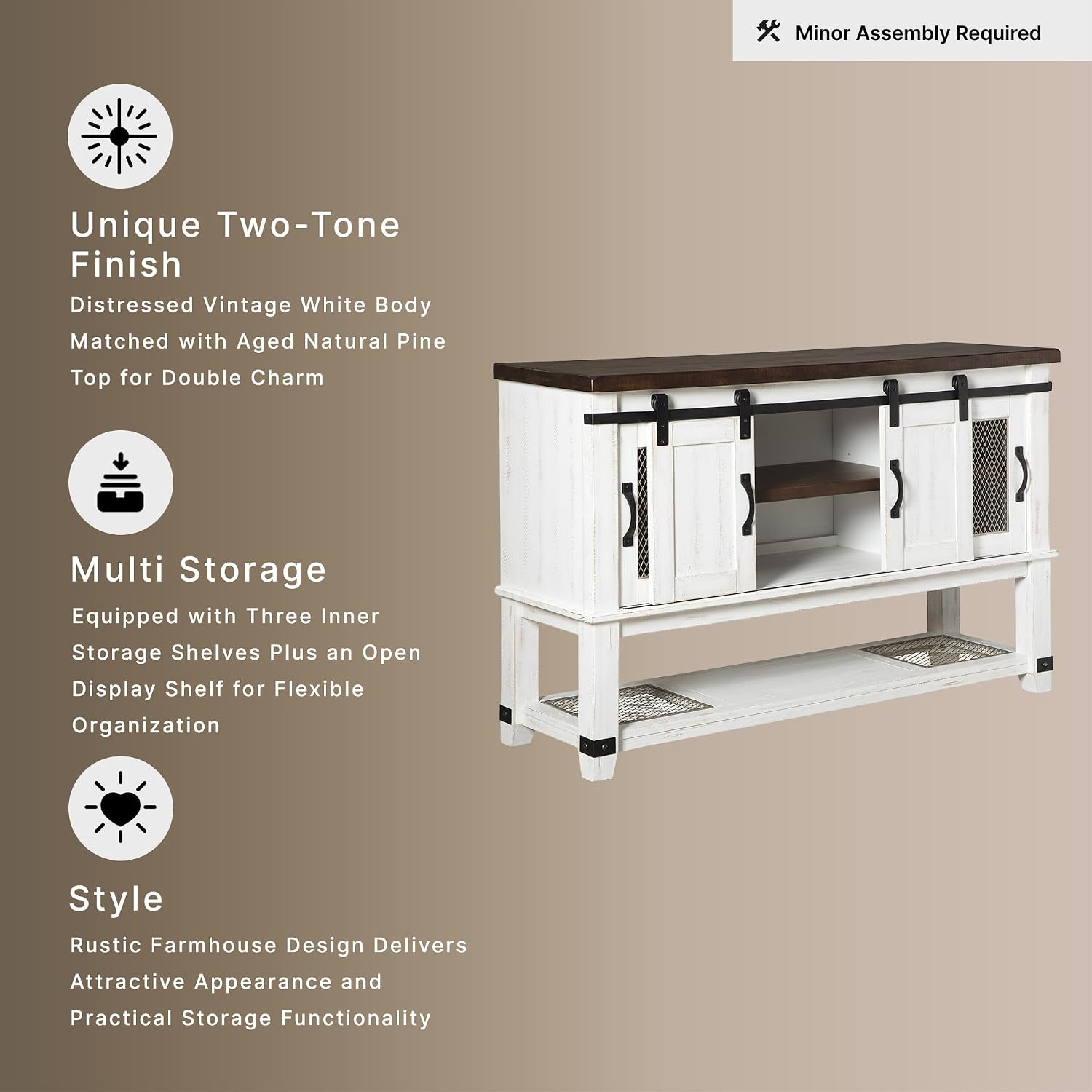 Signature Design by Ashley Valebeck Farmhouse Dining Room Server or Buffet Cabinet, White & Brown