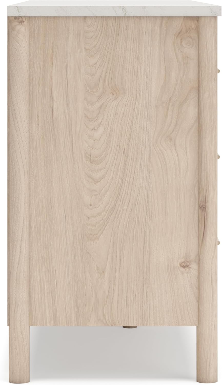 Signature Design by Ashley Cadmori Casual Bohemian Dresser with Post Legs and 6 Drawers, Replicated Marble Top, Wood, 35" High, White and Light Brown Finish