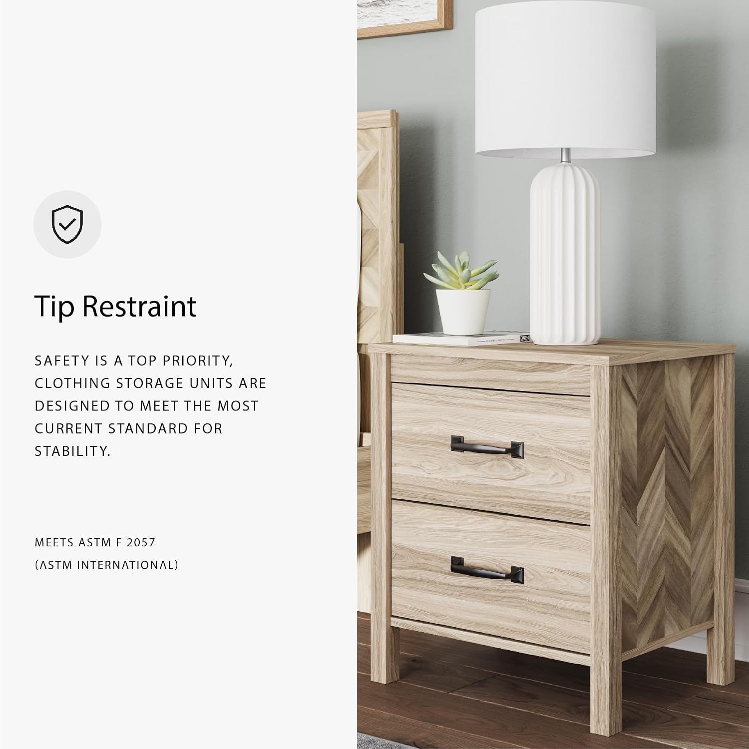 Signature Design by Ashley Battelle Mid-Century Modern Nightstand with Chevron Pattern, 2 Storage Drawers, Dark-Color Hardware, Wood, 24.5" High, Light Brown