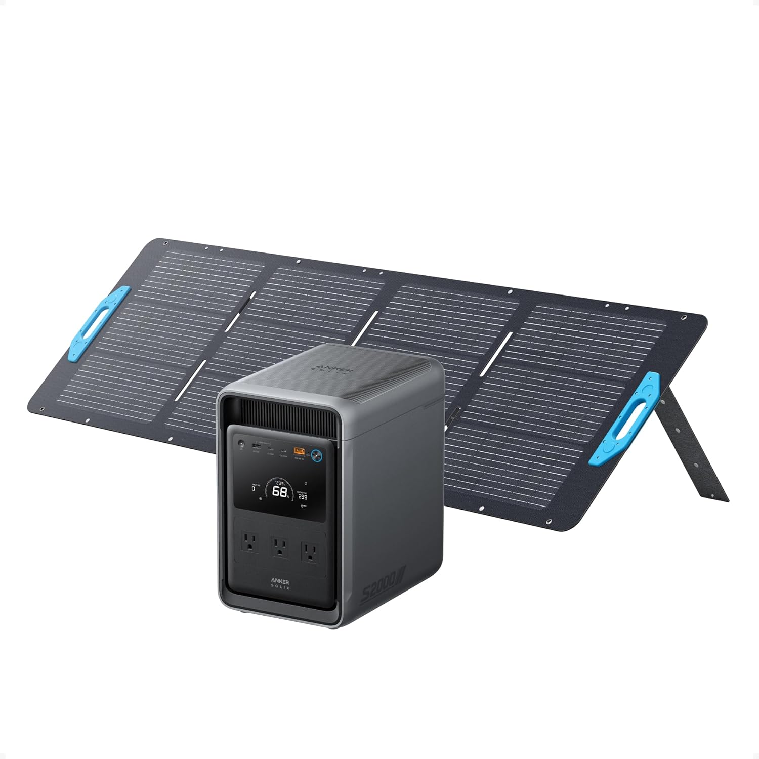 Anker SOLIX S2000 Portable Power Station with 400W Solar Panel, 1,500W (3,000W Peak) Solar Generator, Up to 35-Hour Fridge Backup, 2,010Wh LFP Battery for Power Outages, and Camping