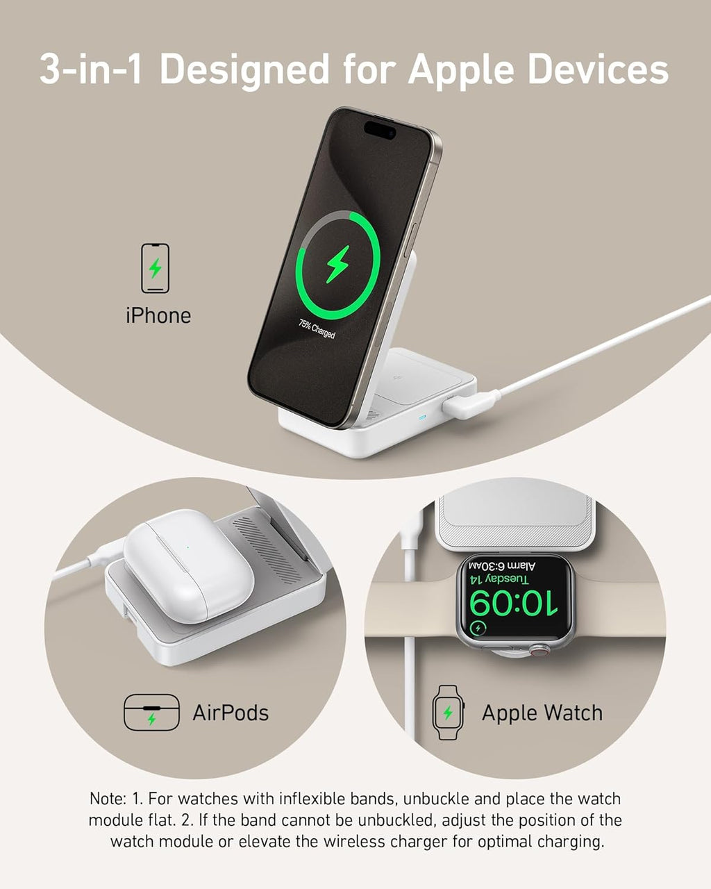 Anker MagGo 3-in-1 MagSafe Compatible Qi2 15W Foldable Charging Station | Qi2 Certified Wireless Charging Stand, for iPhone 17 / 16 / 15 / 14 Series, AirPods, Apple Watch Ultra (Adapter Included)