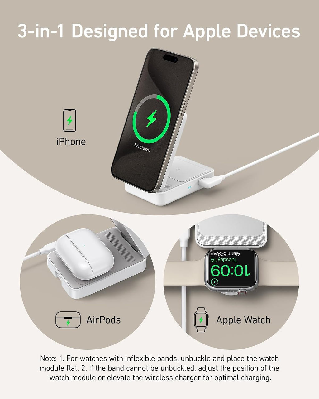 Anker MagGo 3-in-1 MagSafe Compatible Qi2 15W Foldable Charging Station | Qi2 Certified Wireless Charging Stand, for iPhone 17 / 16 / 15 / 14 Series, AirPods, Apple Watch Ultra (Adapter Included)