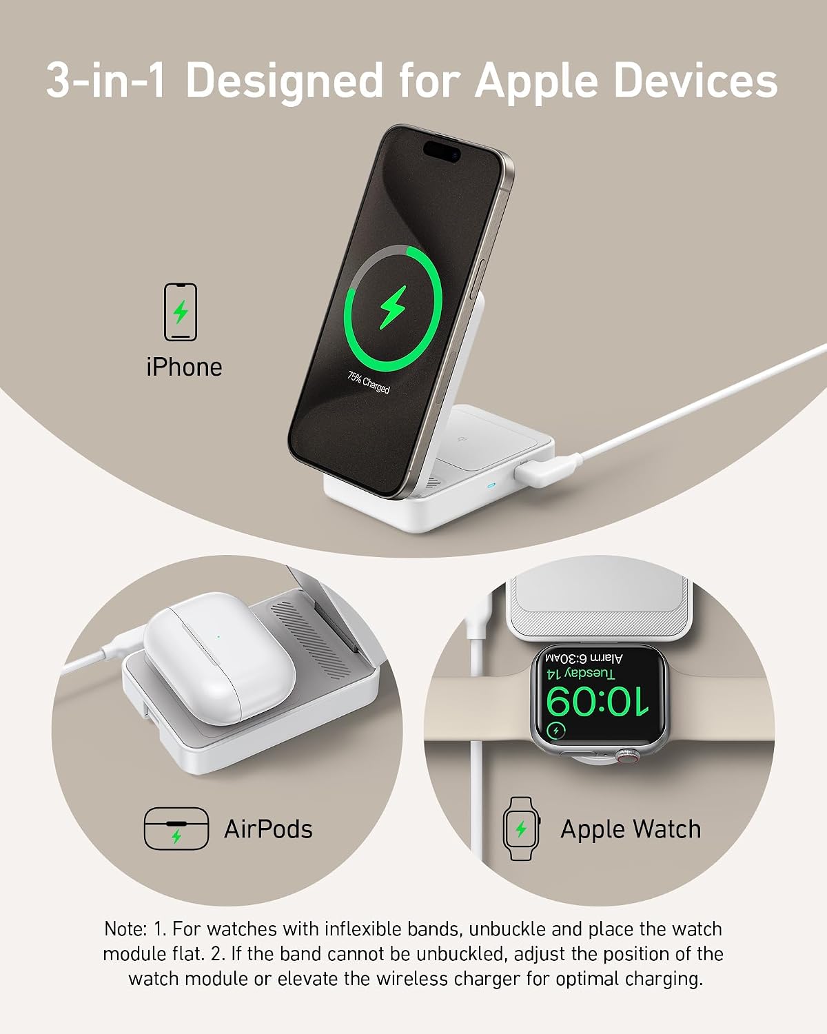 Anker MagGo 3-in-1 MagSafe Compatible Qi2 15W Foldable Charging Station | Qi2 Certified Wireless Charging Stand, for iPhone 17 / 16 / 15 / 14 Series, AirPods, Apple Watch Ultra (Adapter Included)