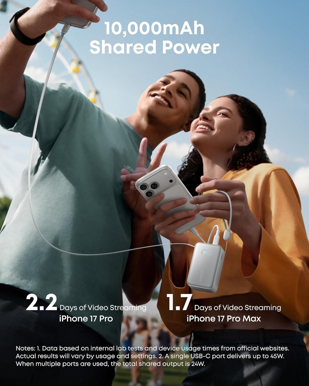Anker Nano Power Bank, 45W 10,000mAh Portable Charger, iPhone Battery Pack | Built-In Retractable USB-C Cable, for iPhone 17 / 16 Series, iPad, Galaxy, Pixel, and More, Compact Travel Design