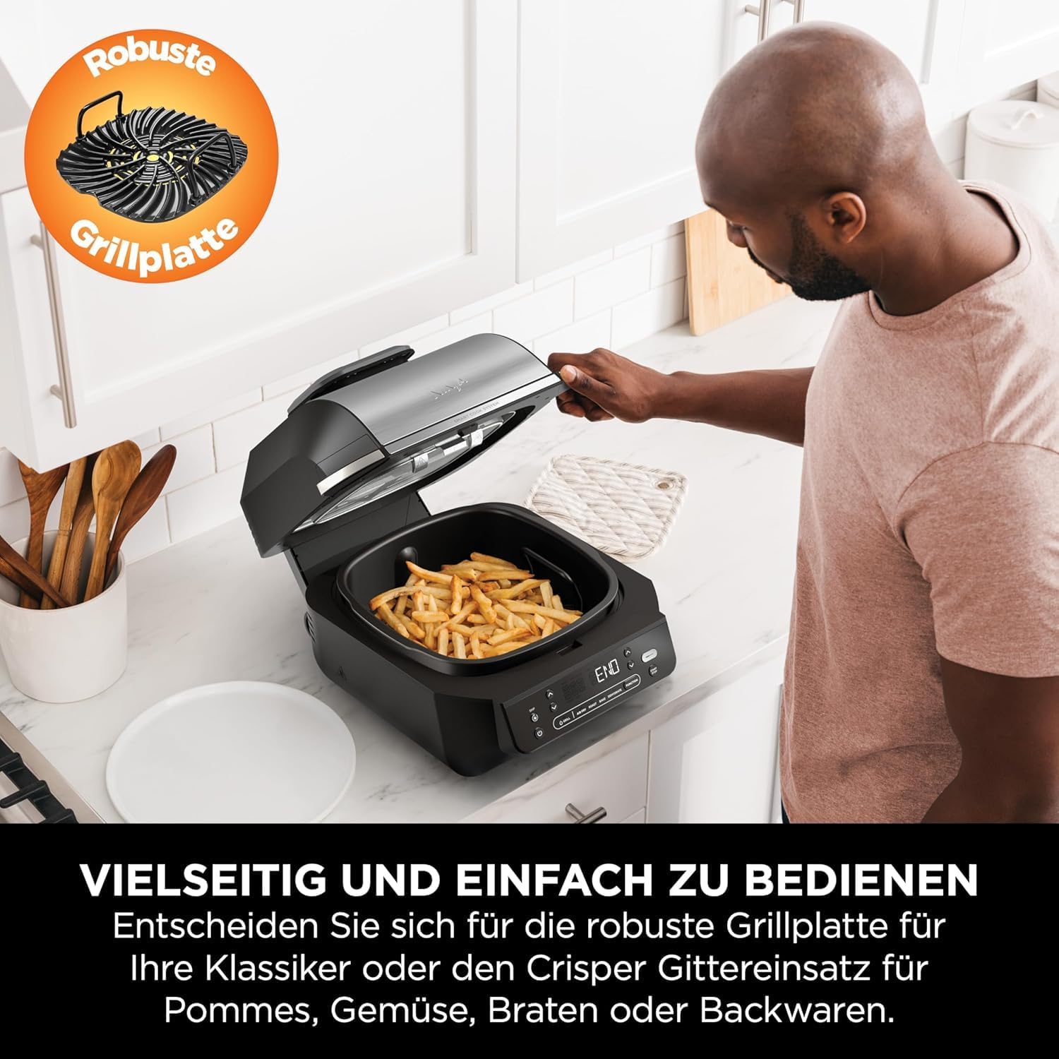 Ninja 5-in-1 Oil-Free Indoor Grill & Deep Fryer, 5 Modes, Cooks Up to 4 Burgers, 5.7L Capacity, Low Smoke Digital Meat Thermometer Included, Black/Silver, EG351EU