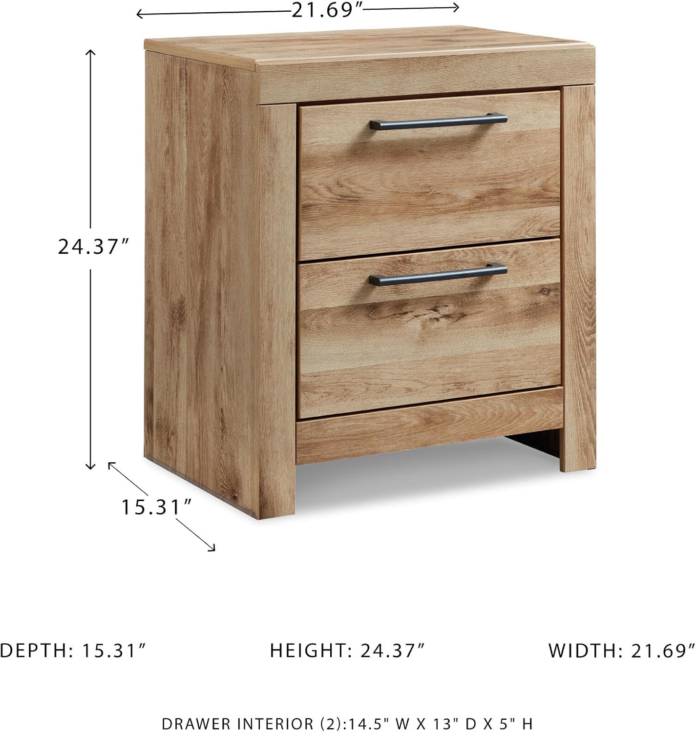 Signature Design by Ashley Hyanna Rustic Contemporary 2 Drawer Nightstand with 2 USB Charging Ports, Wood, 24.37" High, Light Golden Brown Finish