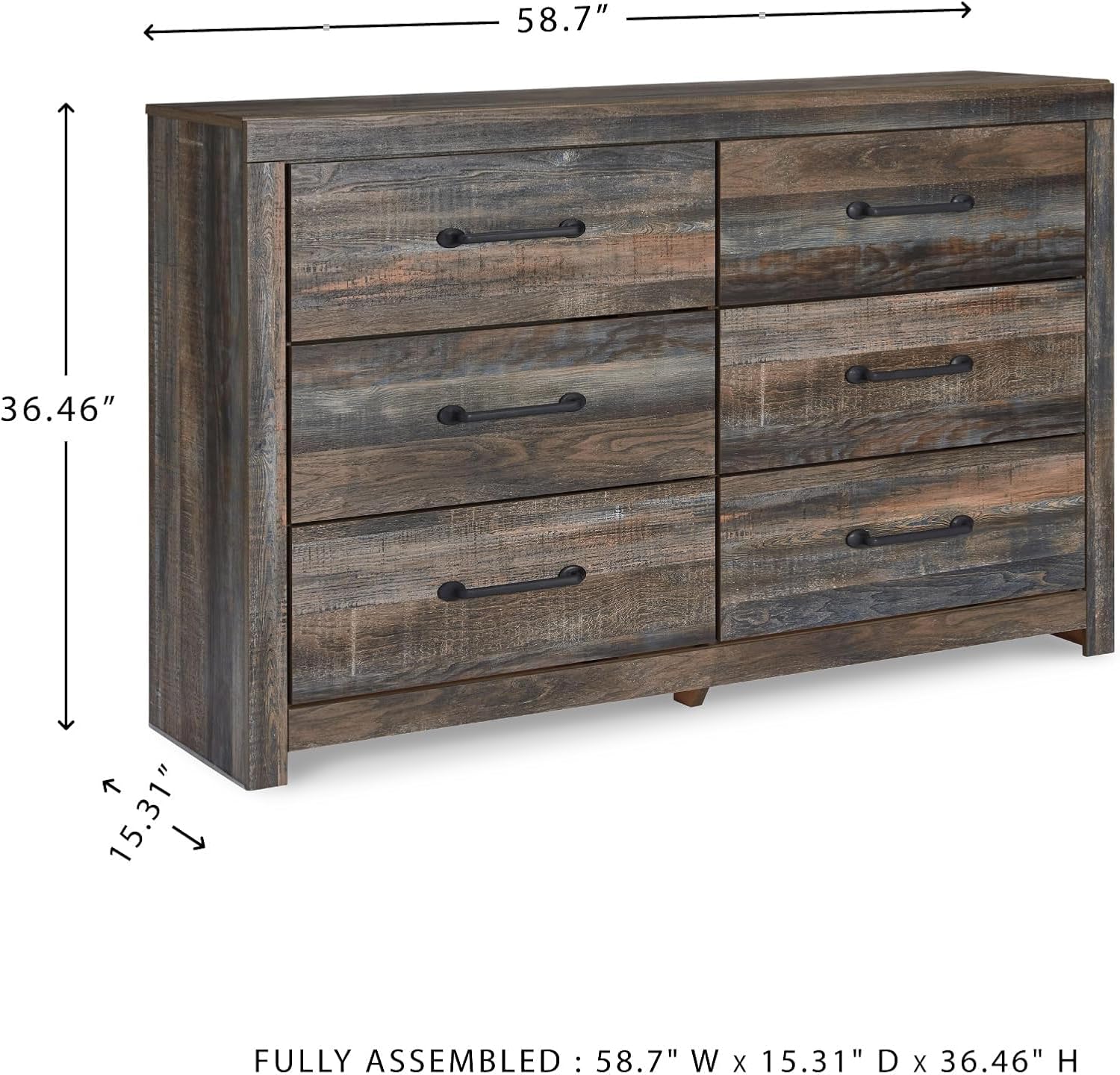 Signature Design by Ashley Drystan 6 Drawer Dresser, Large-scale Hardware, Smooth-gliding Drawers, Wood, 58.7" W x 15.31" D x 36.46" H, Weatherworn Brown