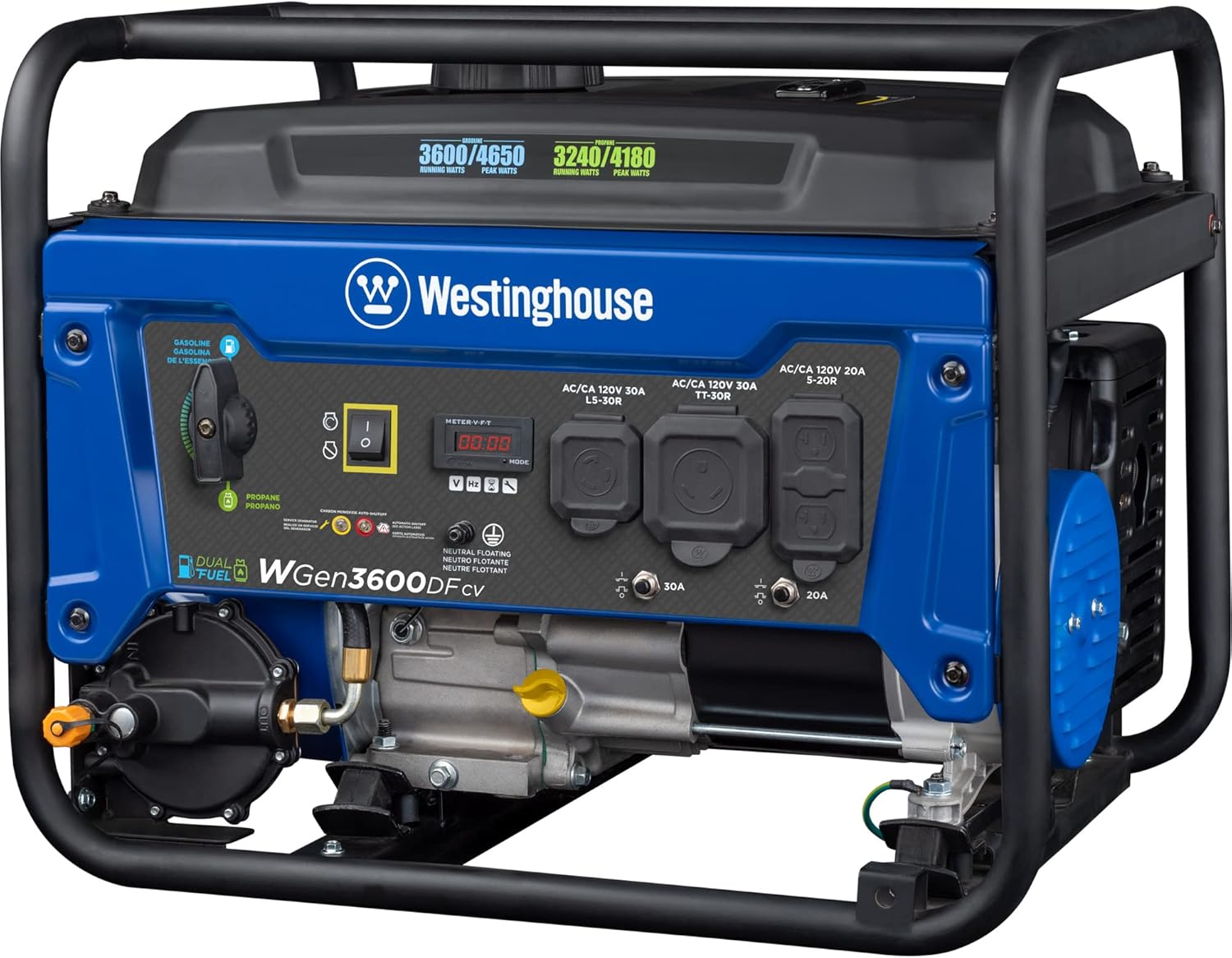 Westinghouse 4650 Peak Watt Dual Fuel Portable Generator, RV Ready 30A Outlet, Gas & Propane Powered, CO Sensor
