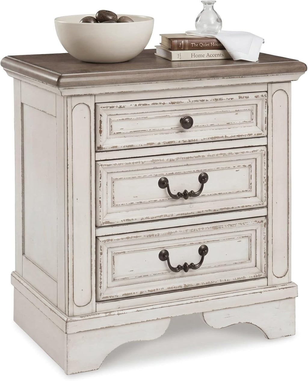 Signature Design by Ashley Realyn Nightstand with USB Charging Station, French Country 3 Drawer Bedside Table for Bedroom, Veneers, Wood and Engineered Wood, with Cast Resin Components, 27 Inches