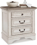Signature Design by Ashley Realyn Nightstand with USB Charging Station, French Country 3 Drawer Bedside Table for Bedroom, Veneers, Wood and Engineered Wood, with Cast Resin Components, 27 Inches