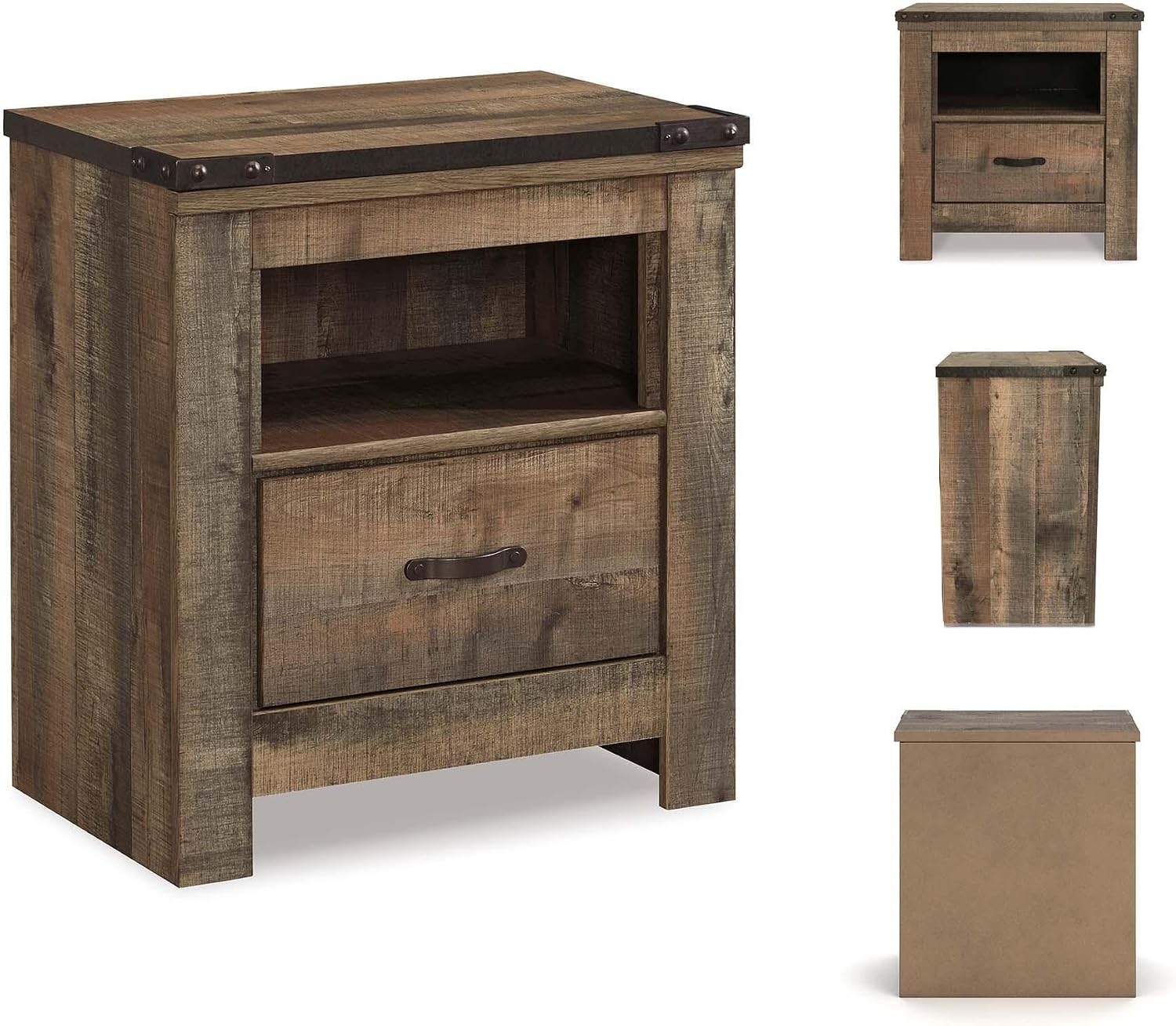Signature Design by Ashley Trinell Rustic 1 Drawer Nightstand, USB Charing, Storage Cubby, Nailhead Accents, Wood, 24.72" W x 16.18" D x 26.22" H, Warm Brown