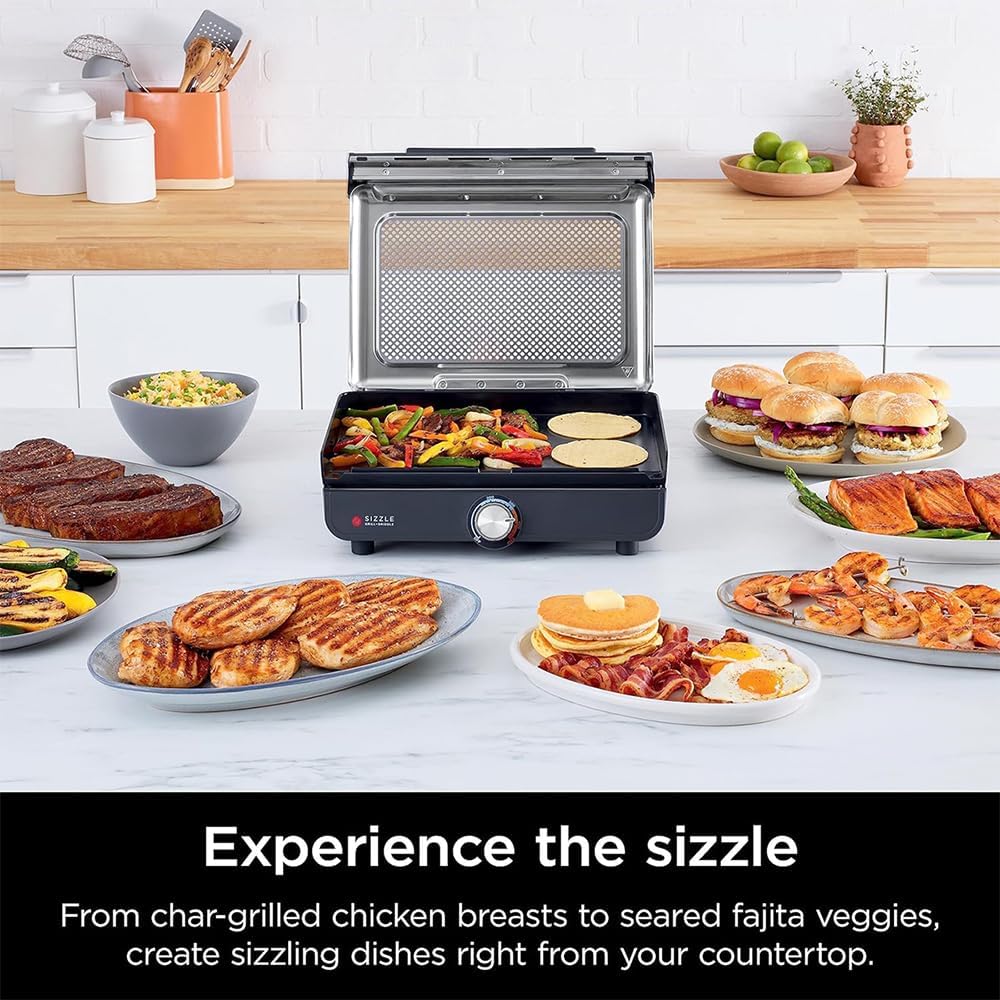 Ninja GR100 Sizzle Smokeless Indoor Grill (Renewed) Bundle with 2 Year Enhanced Protection Pack