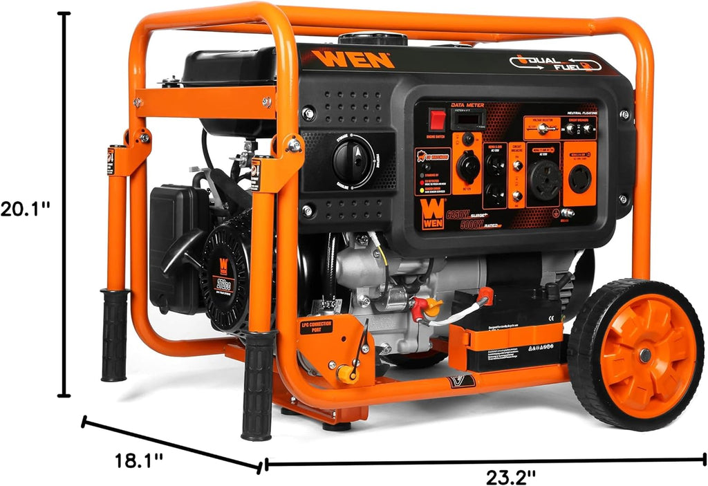 WEN DF623X 6250-Watt 120-Volt/240-Volt Dual Fuel Electric Start Portable Generator with Wheel Kit and CO Shutdown Sensor, Black