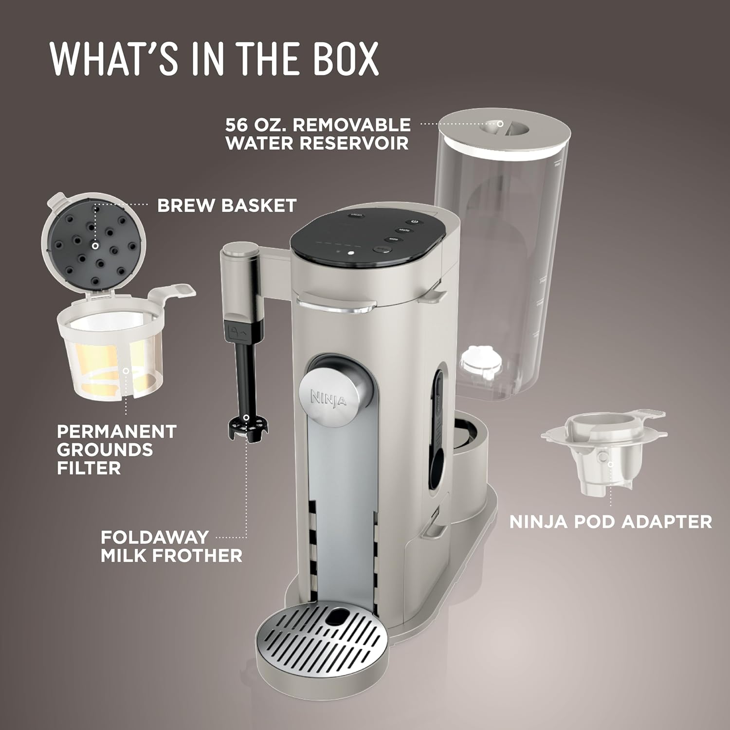 Ninja Pod and Grounds Specialty Single Serve Coffee Maker, K-Cup Pod Compatible, Brews, Compact Design, Built-in Milk Frother, 56 Ounces Reservoir, 6 Ounces Cup to 24 Ounces Mug Sizes, Stone, PB051ST