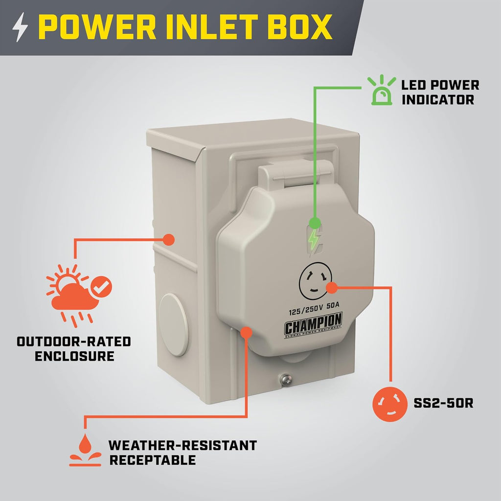 Champion Power Equipment 50-Amp Indoor-Rated Manual Transfer Switch with 30-Foot Generator Power Cord and Weather-Resistant Power Inlet Box