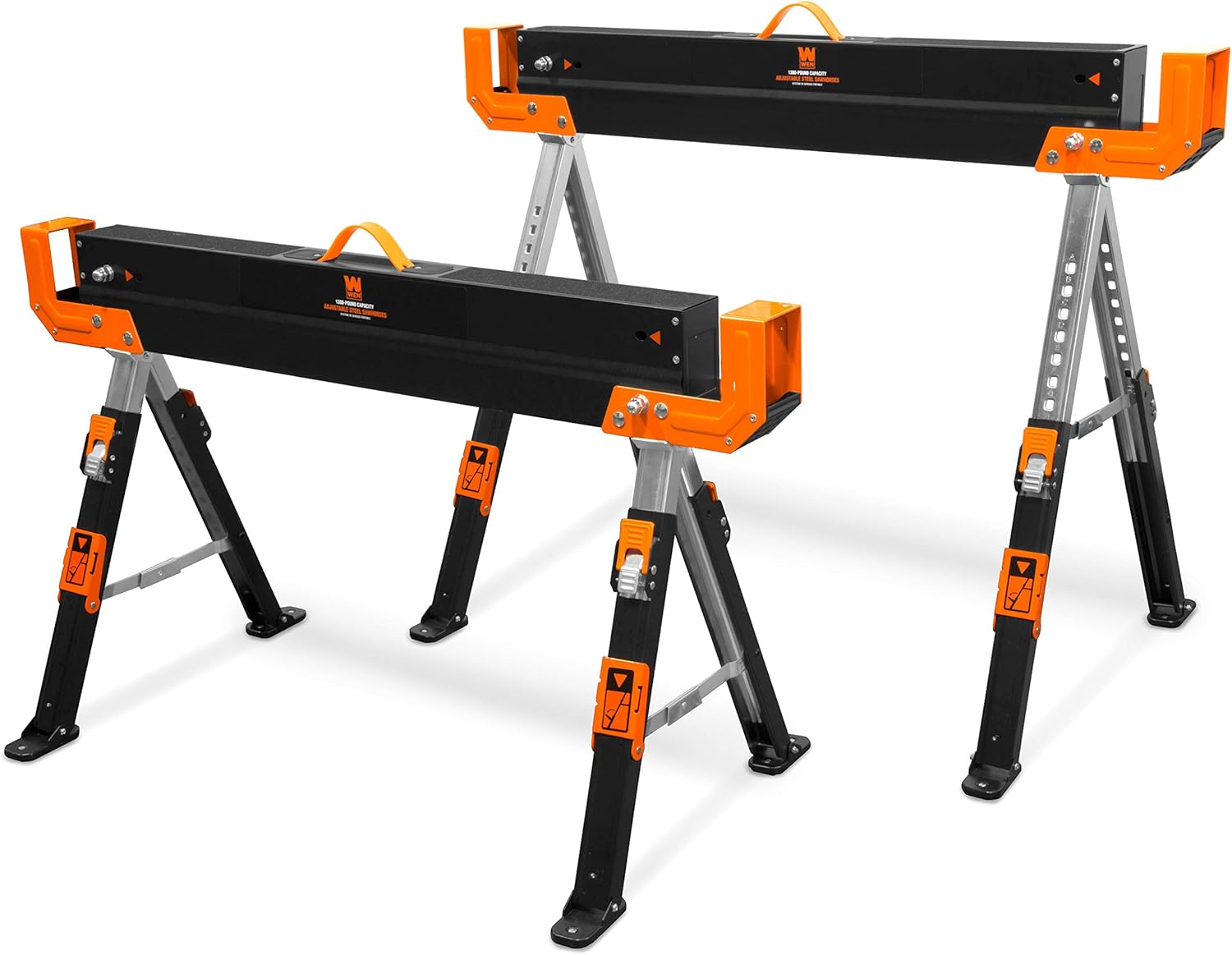 WEN WA1300-2 1300-Pound Capacity Height Adjustable Folding Steel Saw Horse with 2x4 Support Arms, Two Pack