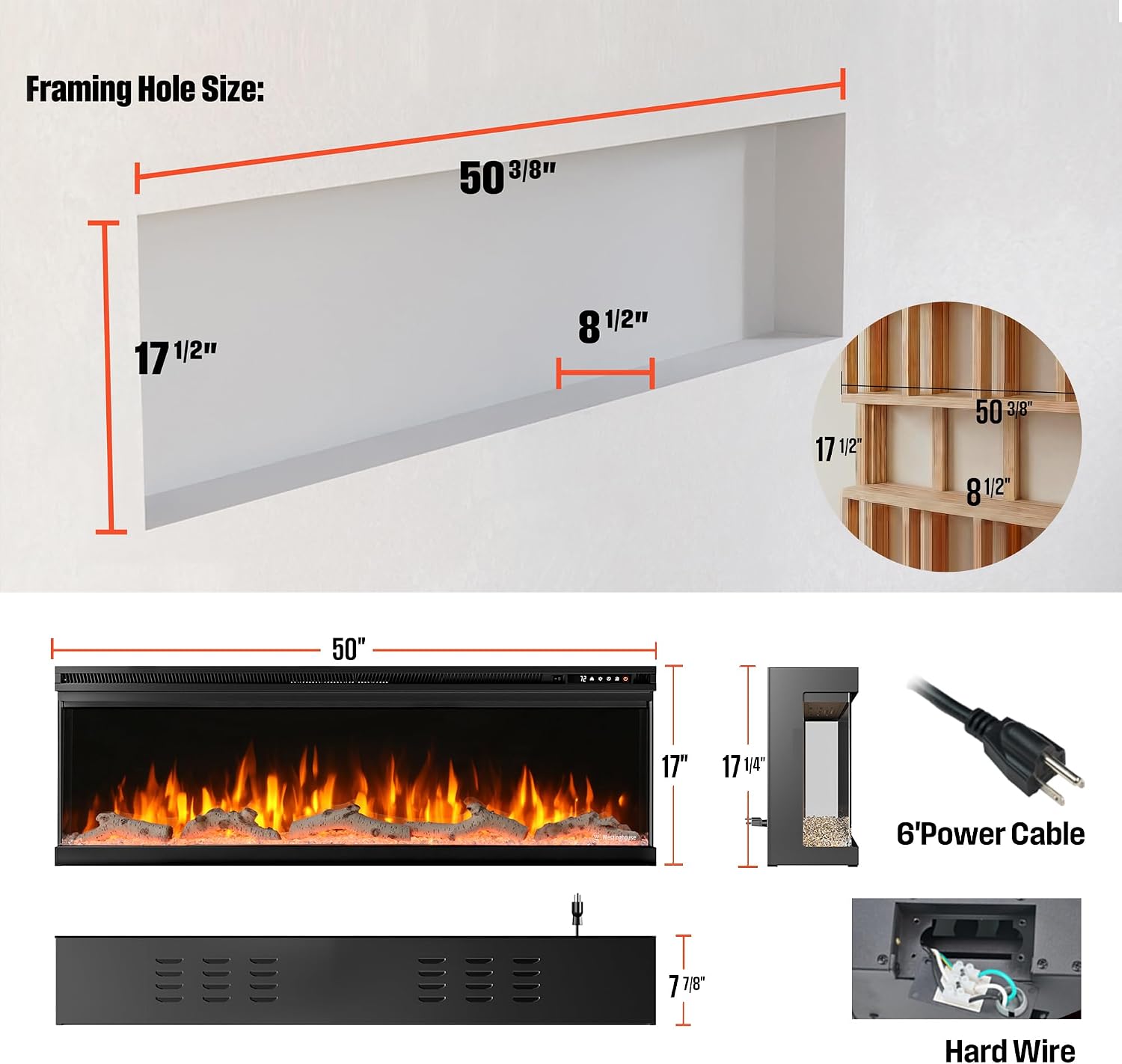 Westinghouse 50inch 3-Sided Electric Fireplace, Realistic Flame&Log Set, Compatible with Alexa & Google Home, Wall Mount or Recessed, 24 Hour Timer, Color Changing Flames, 750W/1500W Indoor Heater