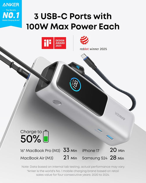 Anker Laptop Power Bank,25,000mAh Portable Charger with 165W Total Output,3 USB-C Ports (100W Max Each),Built-in Retractable Cables,Flight-Ready,for iPhone 17/16 Series,MacBook,Samsung,and More