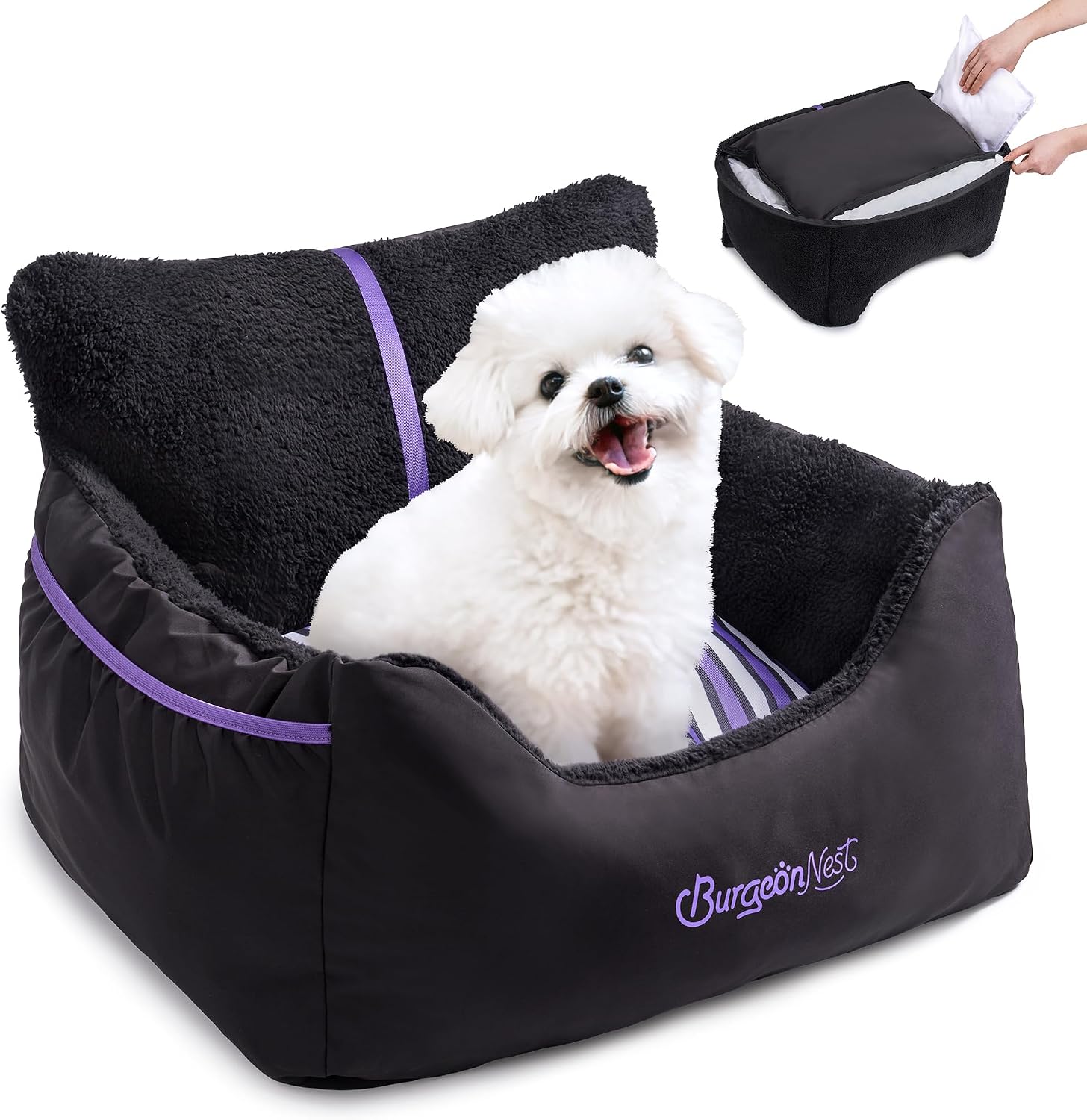 BurgeonNest Dog Car Seat for Small Dogs, Soft Pet Car Travel Home Bed Under 25 lbs, Fully Detachable and Washable Cat Booster Carseats with Storage Pockets and Clip-On Leash Portable Carrier,Black