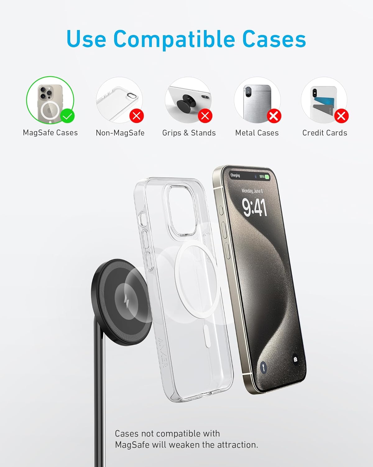 Anker iPhone 16 Wireless Charging Stand, PowerWave 2-in-1 Magnetic Stand Lite with USB-C Cable, for iPhone 16/16 Pro/16 Plus/16 Pro Max/15/14/13 Series, AirPods 2/Pro (No AC Adapter)