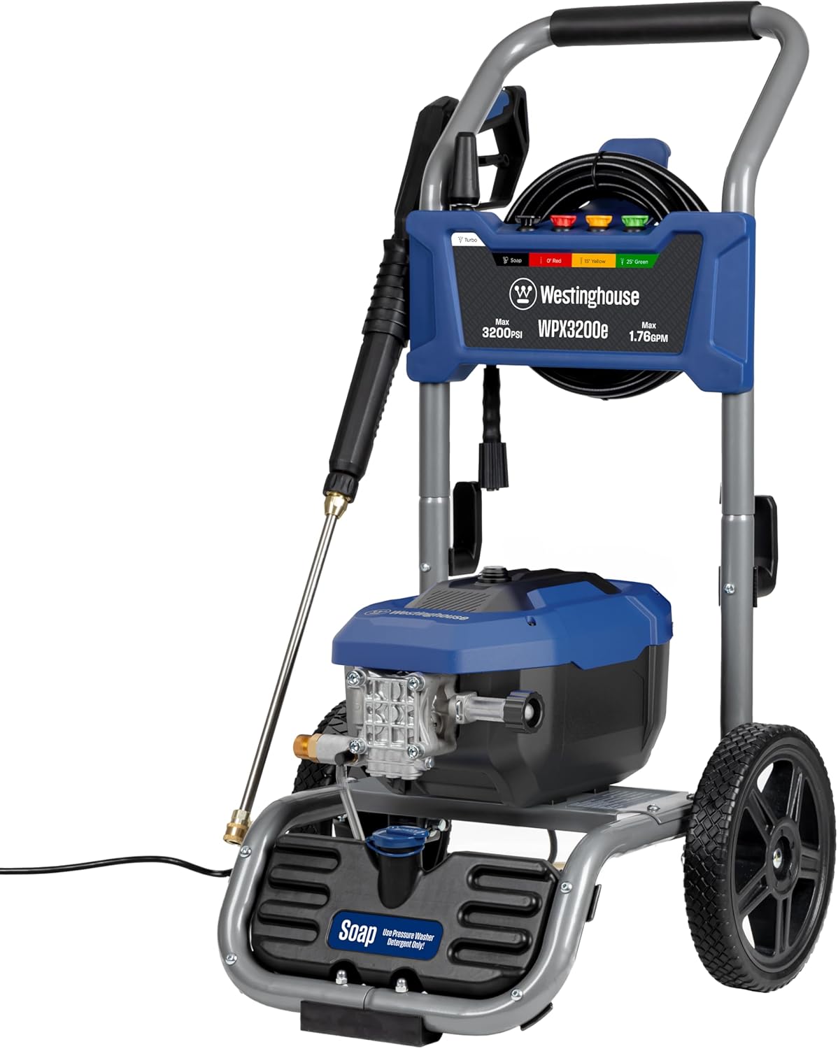 Westinghouse WPX3200e Electric Pressure Washer, 3200 Max PSI and 1.76 Max GPM, Universal Motor, Onboard Soap Tank, Spray Gun and Wand, 5 Nozzle Set, for Cars/Fences/Driveways/Homes/Patios/Furniture