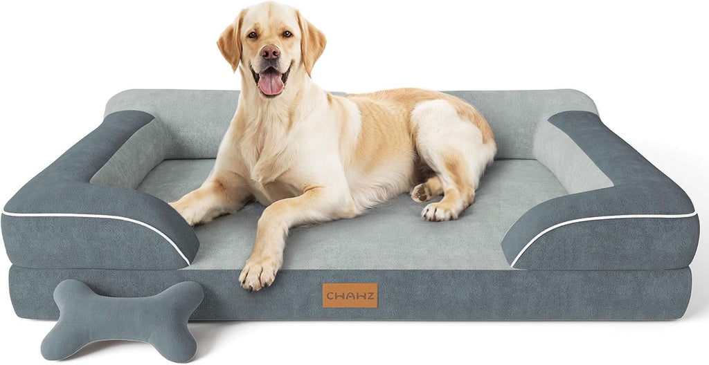 CWAWZ Extra Large Dog Bed, Orthopedic Dog Bed with Cooling Gel Memory Foam, Waterproof XL Pet Bed with Removable Washable Cover, 42" Pet Sofa Couch Dutch Velvet with Bone Toy, Light Gray