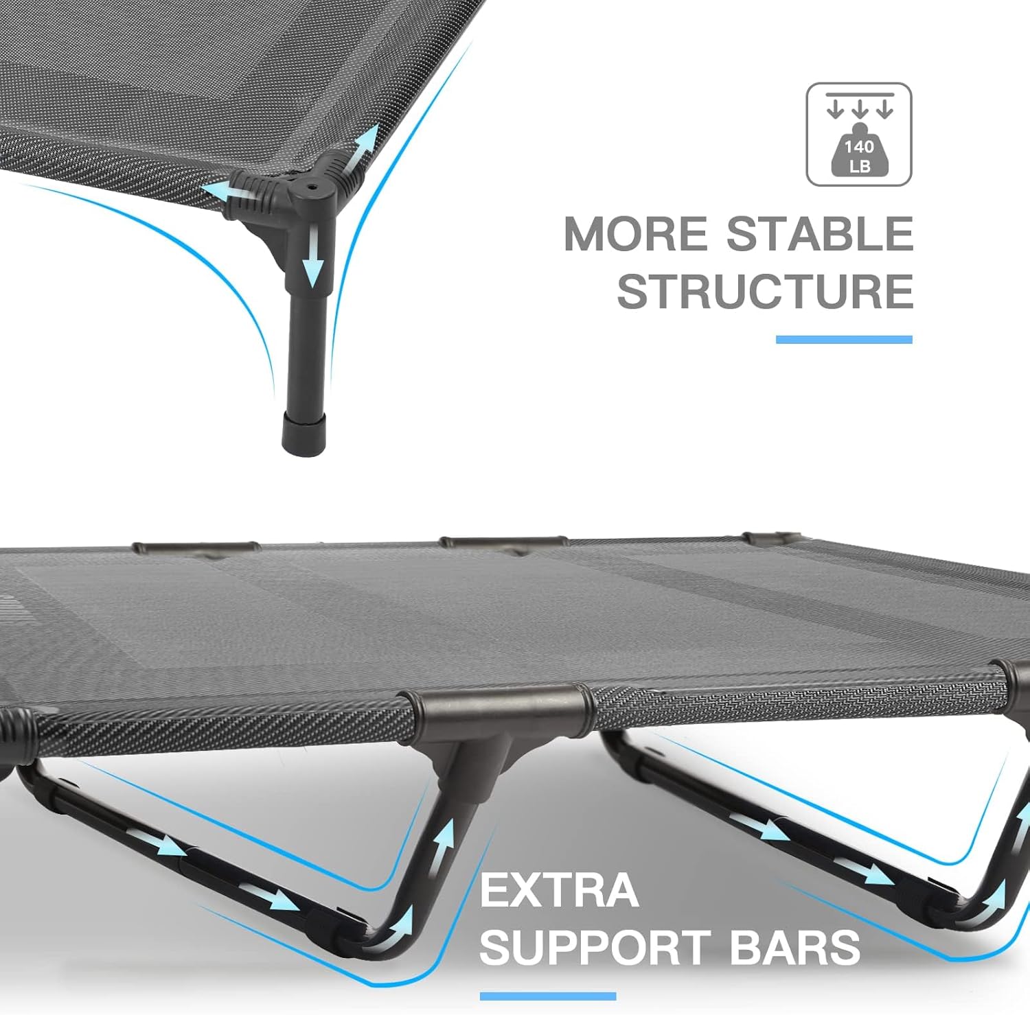 suddus Elevated Dog Bed for Large Dogs 120lb, Breathable Cooling Raised Dog Cot with Dual Support Bars & Metal Frame, No-Slip Feet, Waterproof Pet Bed for Indoor/Outdoor, X-Large, 48 * 36 * 9in, Grey