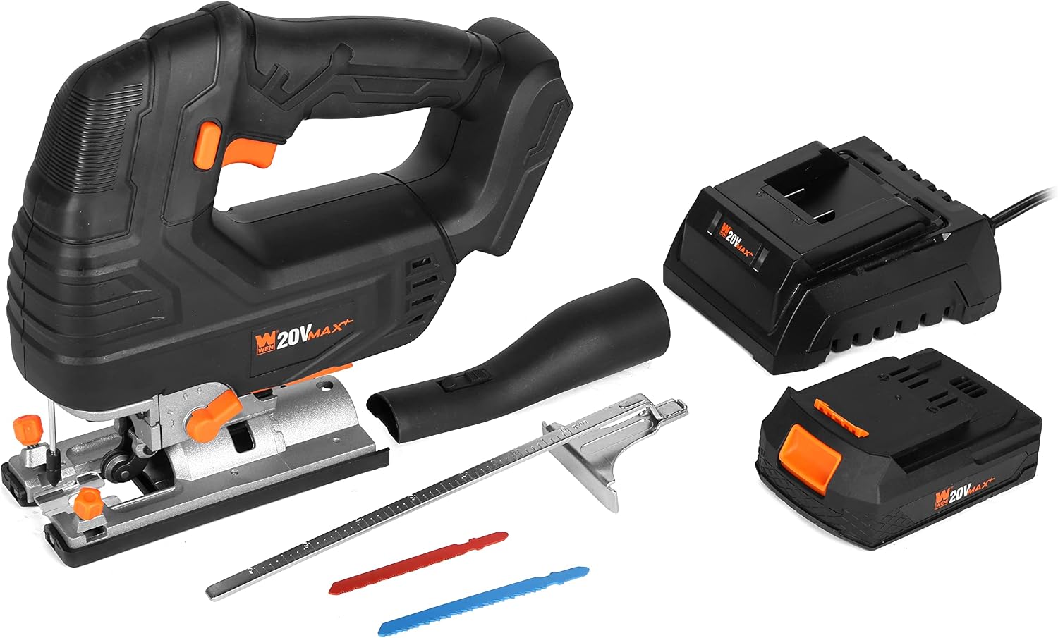 WEN Cordless Jigsaw, Brushless with Variable Speed, 20V Max 4.0 Ah Lithium Ion Battery and Charger (20667)