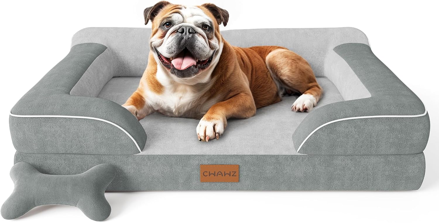 CWAWZ Extra Large Dog Bed, Orthopedic Dog Bed with Cooling Gel Memory Foam, Waterproof XL Pet Bed with Removable Washable Cover, 42" Pet Sofa Couch Dutch Velvet with Bone Toy, Light Gray