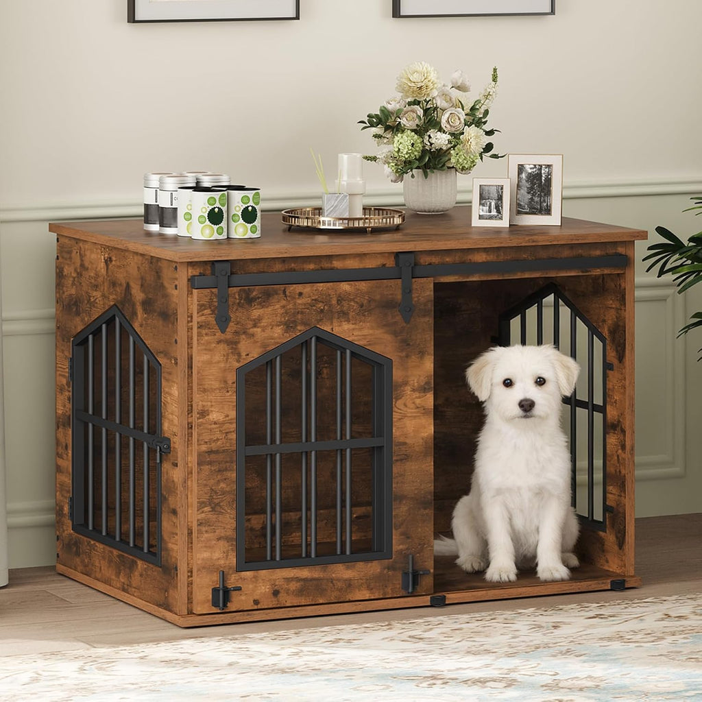 MAHANCRIS Dog Crate Furniture, 31.5" Farmhouse Dog Kennel with Sliding Barn Door, Wooden Dog Cage for Small Medium Dogs, Decorative Pet House Side End Table, Chew-Resistant, White and Walnut DCBA9601