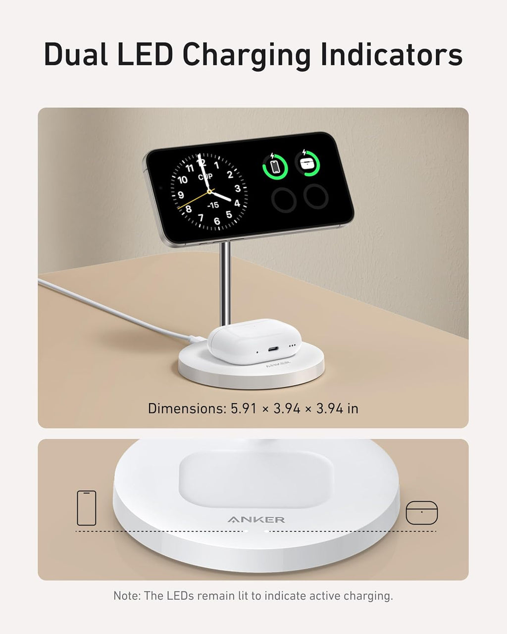 Anker MagGo 2-in-1 MagSafe Compatible Qi2 15W Wireless Charging Stand | Qi2 Certified, Fast Charging, Wireless Charger for iPhone 17, AirPods Pro, and More (White, 40W Adapter Included)