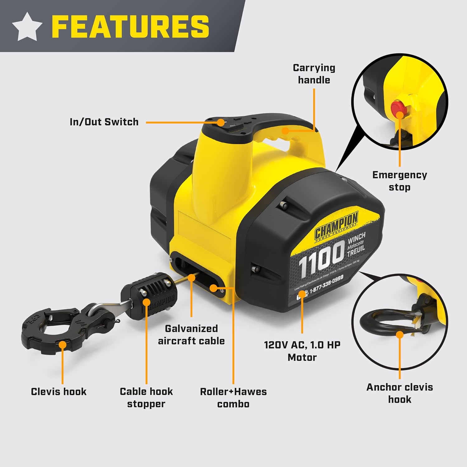 Champion Power Equipment 1100 lb. Portable 120-Volt Electric Winch Kit with Pulling and Lifting Capability