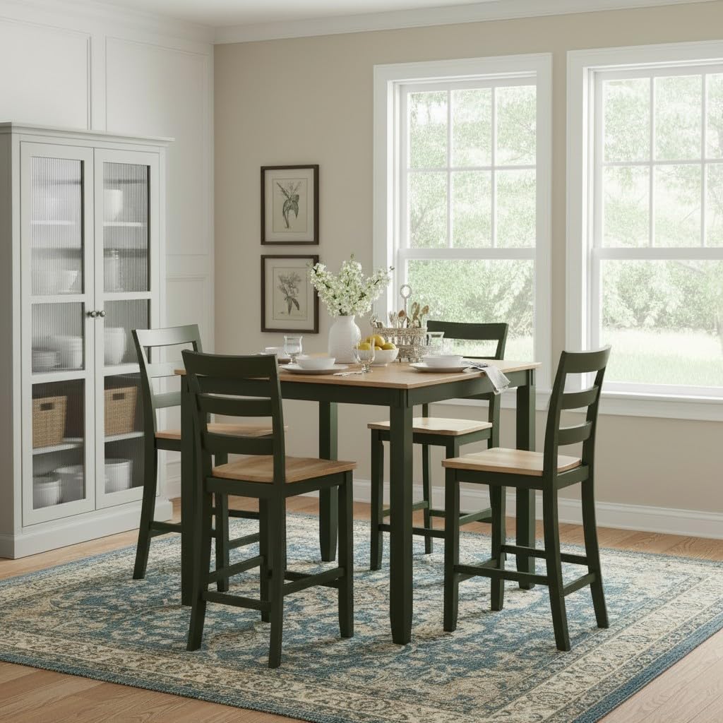 Signature Design by Ashley Gesthaven Counter Height Dining Set, 5-Piece Bar Table and Chairs Set with Butcher Block Top, Casual Green and Light Natural Mango Wood