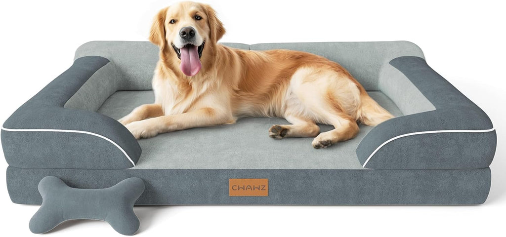 CWAWZ Extra Large Dog Bed, Orthopedic Dog Bed with Cooling Gel Memory Foam, Waterproof XL Pet Bed with Removable Washable Cover, 42" Pet Sofa Couch Dutch Velvet with Bone Toy, Light Gray