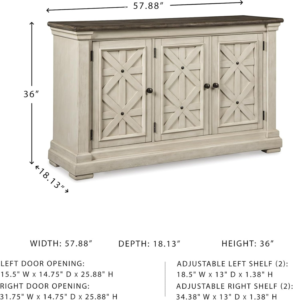 Signature Design by Ashley Bolanburg French Country Dining Room Server, 3 Doors, 2 Adjustable Shelves, Wood, 57.88" W x 18.13" D x 36" H, 2-tone White & Brown