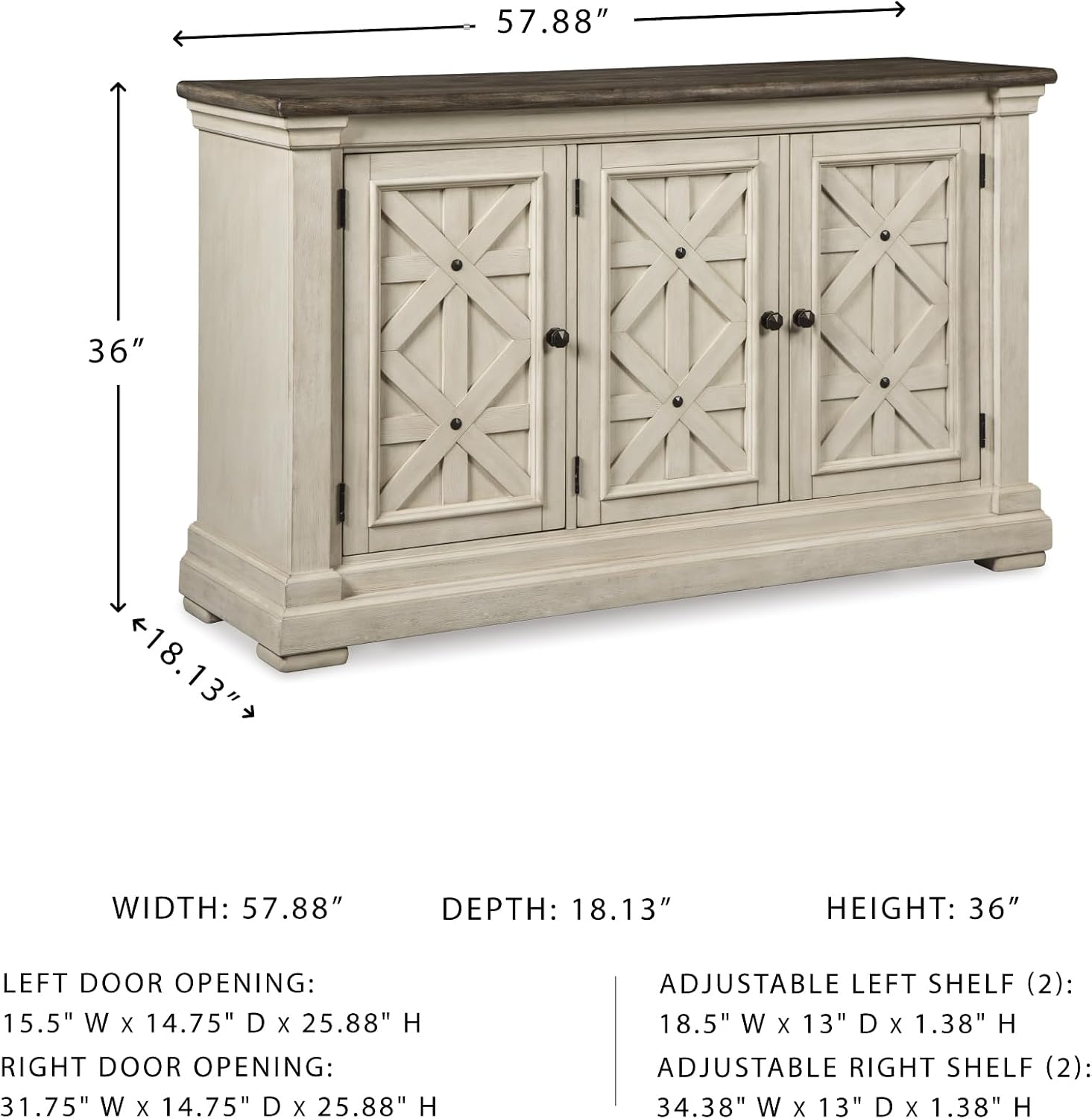 Signature Design by Ashley Bolanburg French Country Dining Room Server, 3 Doors, 2 Adjustable Shelves, Wood, 57.88" W x 18.13" D x 36" H, 2-tone White & Brown