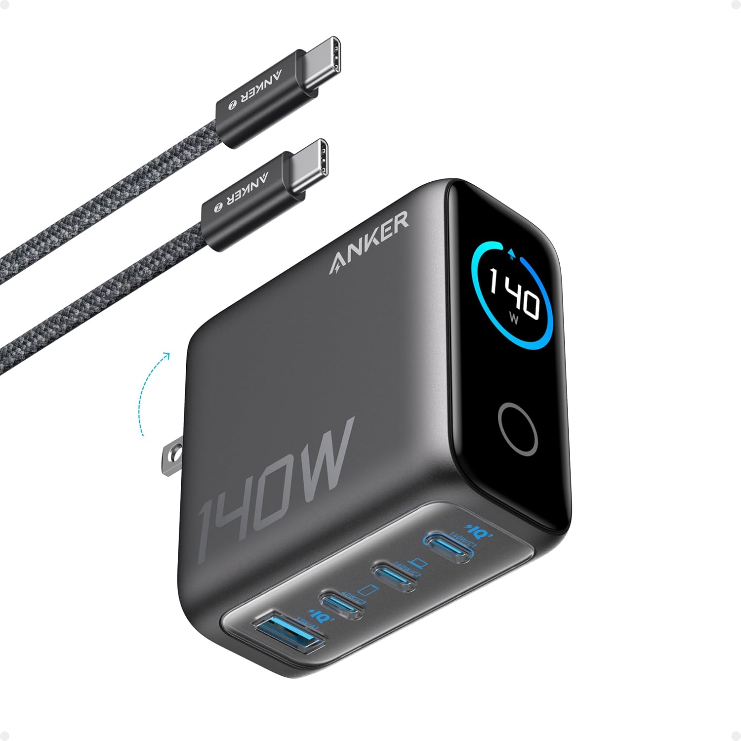 ANKER 140W 4-Port GaN MacBook Charger, USB C Charger Block with Display | Fast Charger USB C Power Adapter with Touch Controls for Macbook,iPad,iPhone 17/16 Series (Include 5FT Cable,Non-Battery)